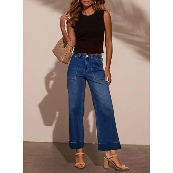 Women’s High Waist Wide Leg Cropped Stretchy Denim Jeans Pockets - Picture 5 of 7